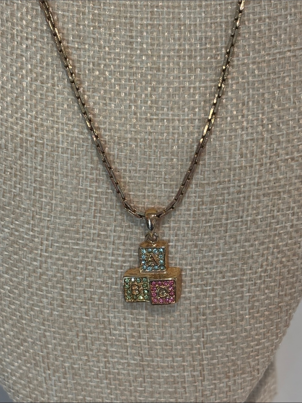 Vintage 18K GP ABC Baby Block Pendant Necklace - Pastel Rhinestone Charm